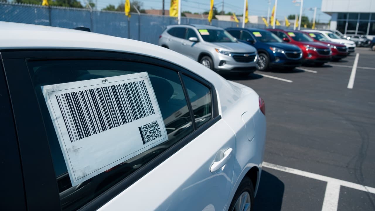 Row of cars on a dealership lot with a printed VIN barcode sticker on the side window, the preferred VinFuse scan target.